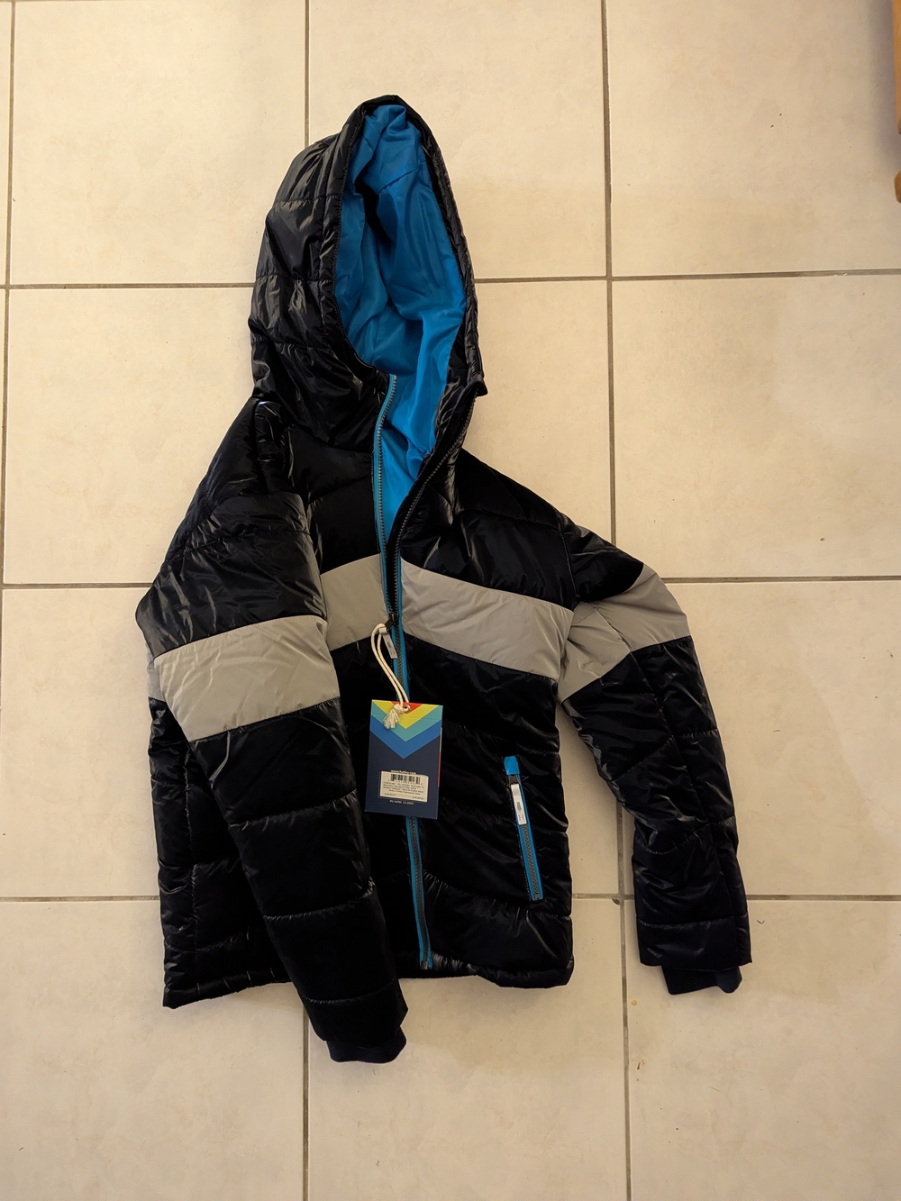 Hatley Black Hooded Puffer Jacket with Gray Chevron and Blue Lining
